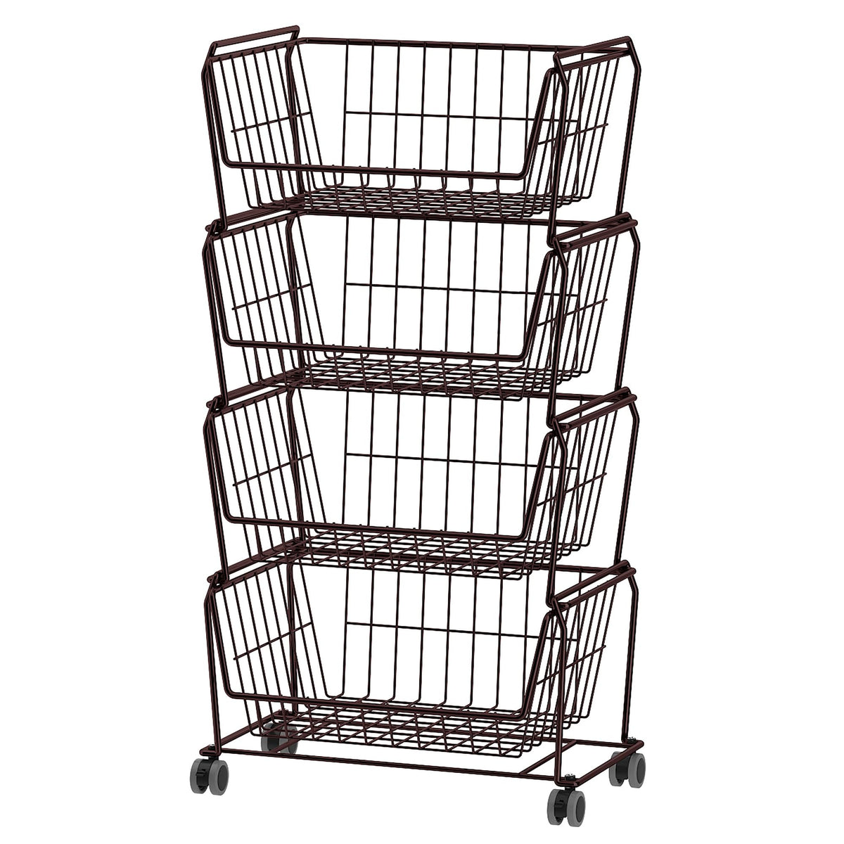 PUSDON 4-Tier Spacious Stackable Wire Storage Baskets with Wheels, Metal Rolling Utility Cart, Produce Basket for Pantry, Bathroom Organizer Shelf, Matte Black