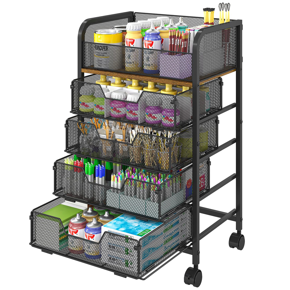 4-Tier Rolling Utility Cart with 3 Drawers-Craft Organizers and Storage with 360° Lockable Wheels,Art Supply Storage Organizer for Art Supplies, Store for Brushes & Paints & Artifacts Patent Pending