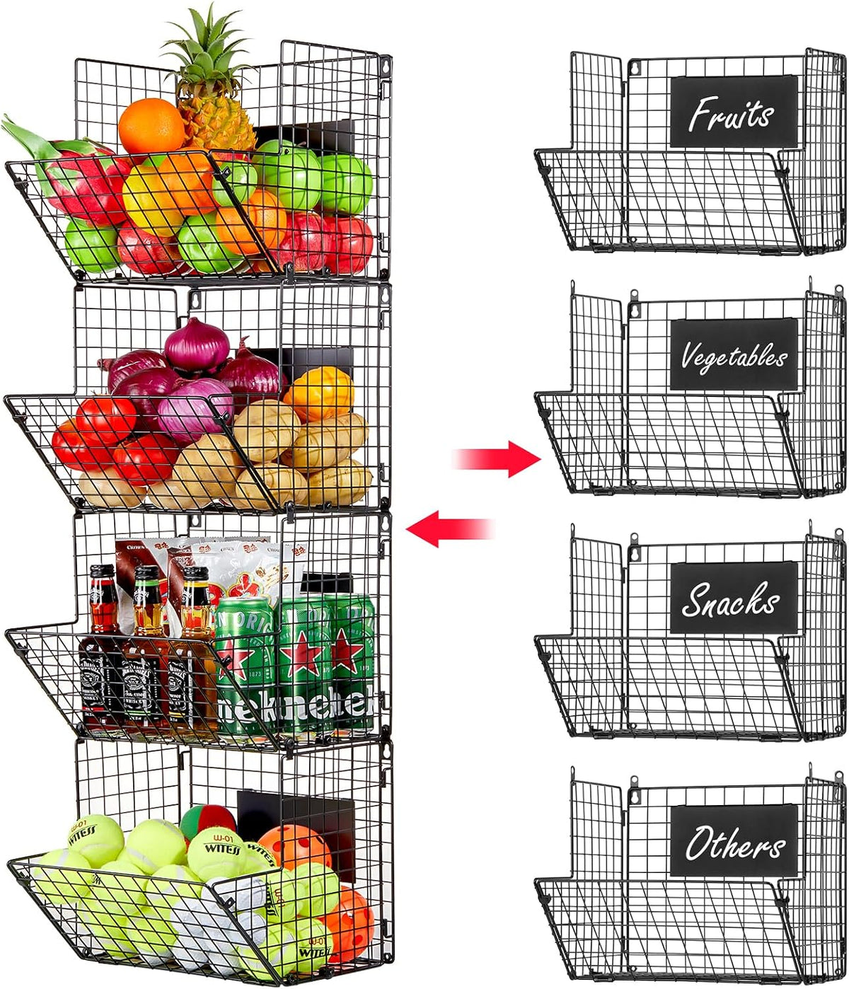 X-cosrack Metal Wire Basket Wall Mount, 4 Tier Extra Large Wall Storage Basket Organizer with Chalkboards, Kitchen Fruits and Vegetables Produce Bin Rack Toys Organizer Bathroom Tower Baskets (Black)