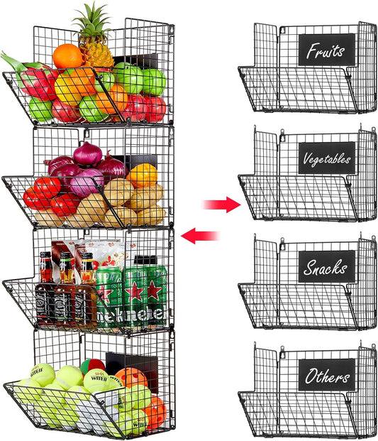 X-cosrack Metal Wire Basket Wall Mount, 4 Tier Extra Large Wall Storage Basket Organizer with Chalkboards, Kitchen Fruits and Vegetables Produce Bin Rack Toys Organizer Bathroom Tower Baskets (Black)