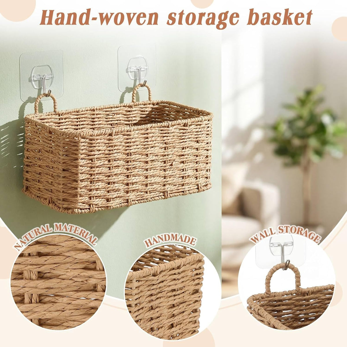 3 Pcs Wall Hanging Baskets,Rectangle,Natural Tan,Paper Cord