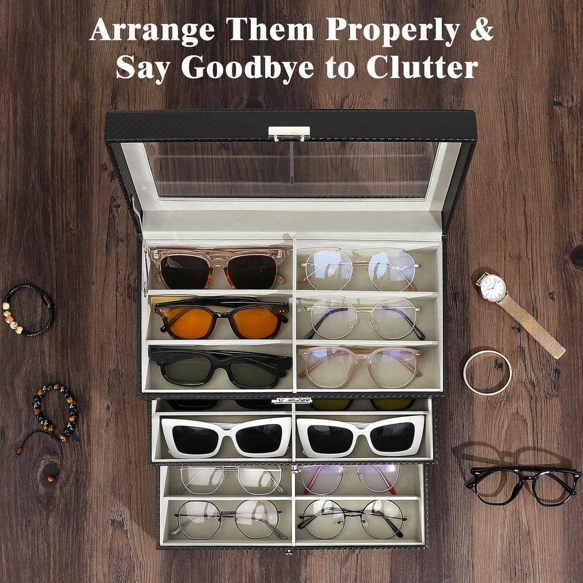 MoKo Sunglasses Organizer, Leather Sunglass Display Collection Holder Case with Drawer Clear Glass Lid