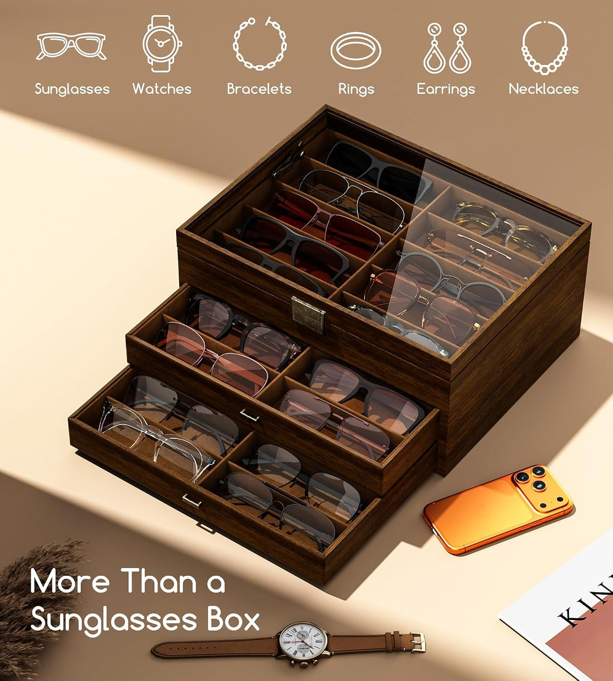 NEWLOOP 10/20/30 Wooden Pattern Sunglass Organizer Multiple Pairs of Eyeglass Ultra-thin Frame Storage Box for Women Men