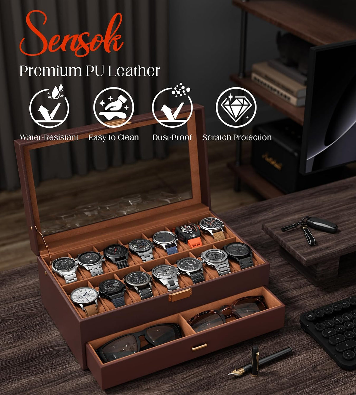 Watch Case Box for Men – 14 Slots Watch Display Organizer with 6-Compartment Eyeglasses Storage, Real Glass Lid 2-Layer PU Leather Collection Holder Gift for Loved Ones Brown