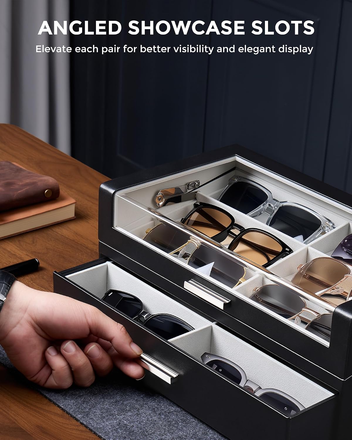 ProCase 12 Slots Sunglasses Box with L-Shaped Clear Lid -Black