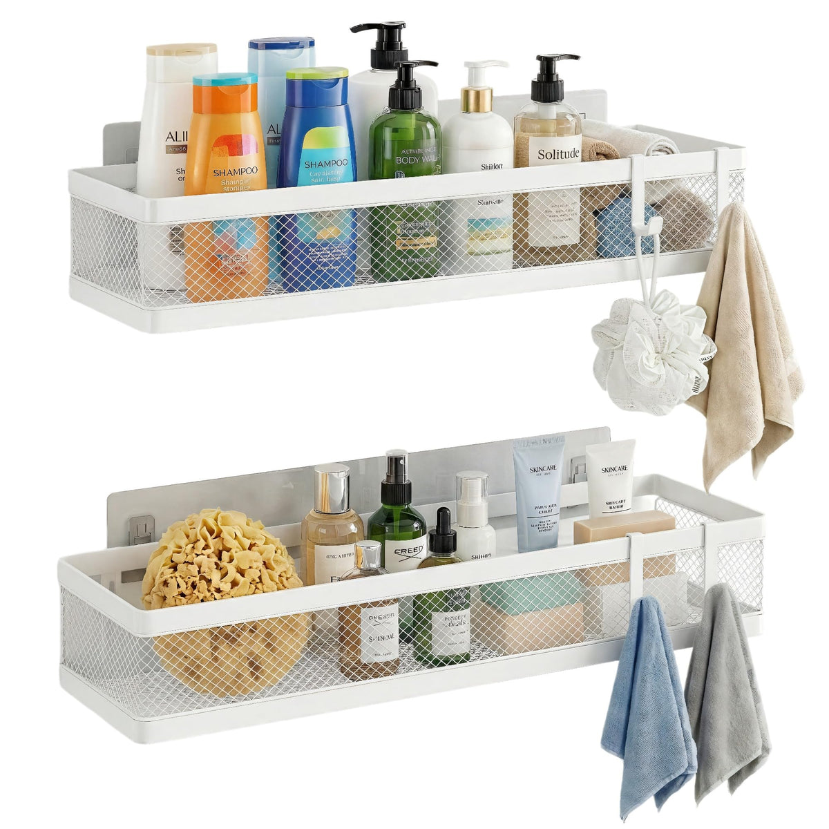 PUSDON 16.5-Inch Extra Long Slim Mesh Shower Caddy, Wall Mounted Bathroom Organizer with Adhesive, Heavy Duty Rustproof Shelf for Narrow Kitchen Pantry & RV, Holds 50 LBS 2-Pack - White Netting