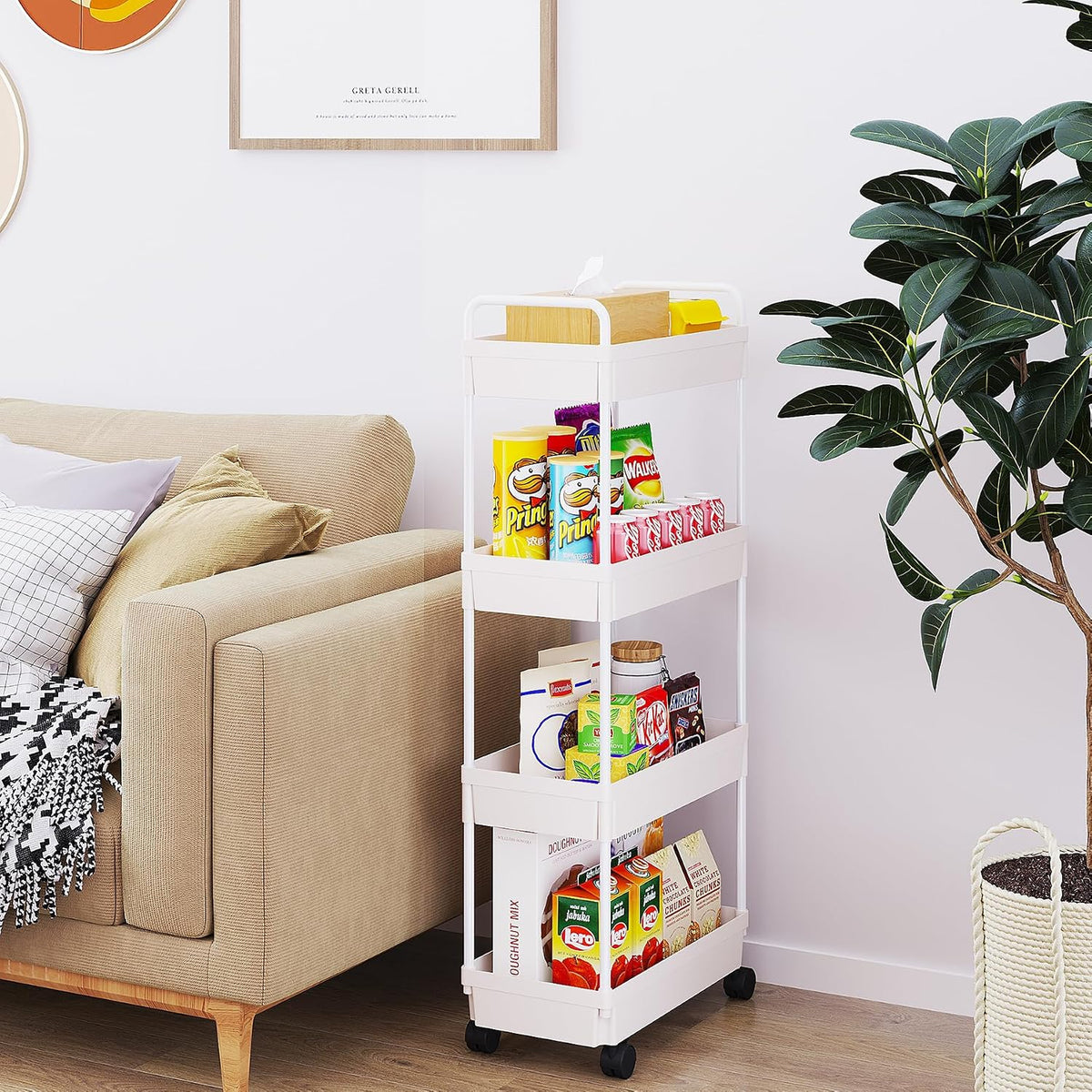 Buzowruil Rolling Storage Cart 4 Tier Organizer Mobile Shelving Unit Storage Rolling Utility Cart with Wheels for Kitchen Bathroom Laundry,White
