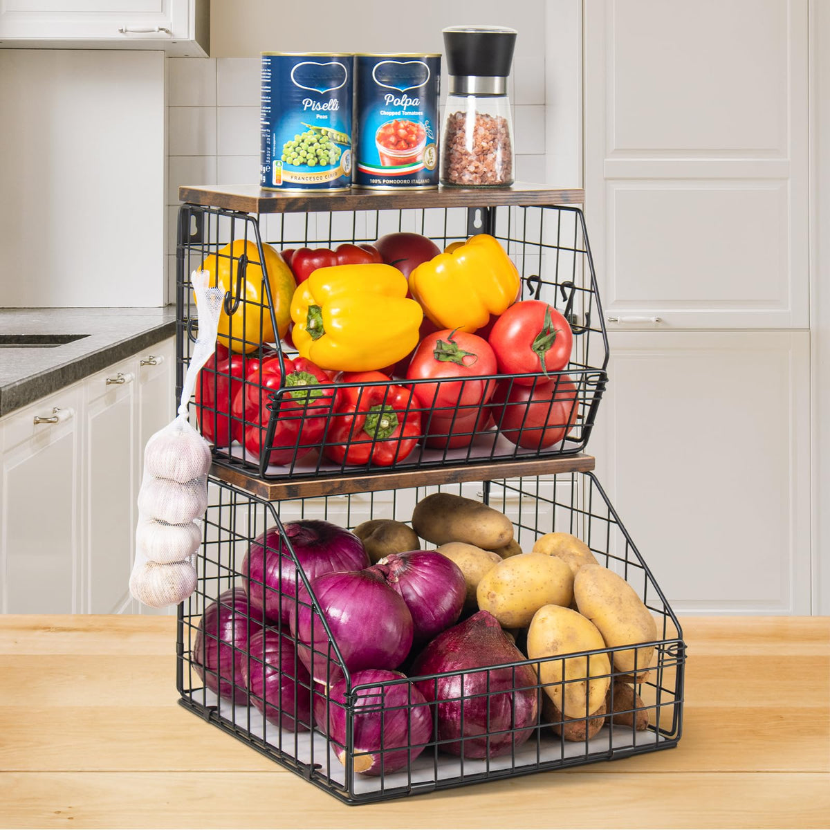 Mefirt 2pcs Fruit Basket Kitchen Storage Basket with Wood Lid