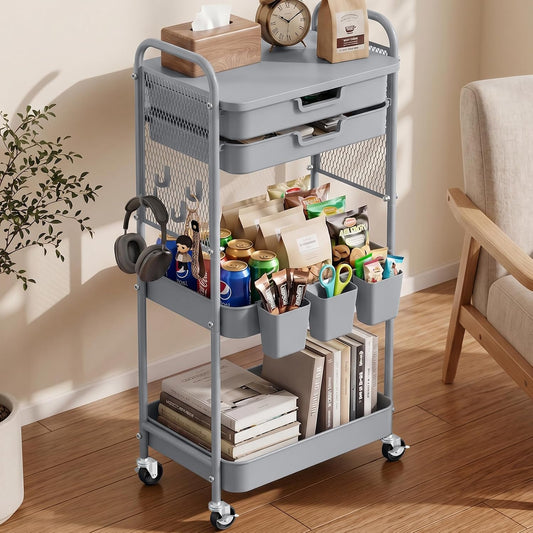 3 Tier Rolling Cart with 2 Drawers, Metal Utility Storage Carts with Wheels