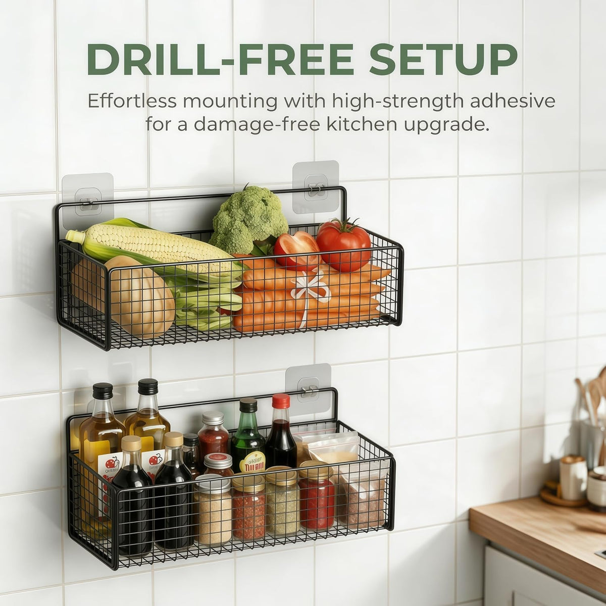 2 Set Hanging Wire Fruit Basket with Adhesive Hooks, Hanging fruit baskets, No Drilling Adhesive Basket, for Home Kitchen Pantry Utility Bathroom Organizer, Black
