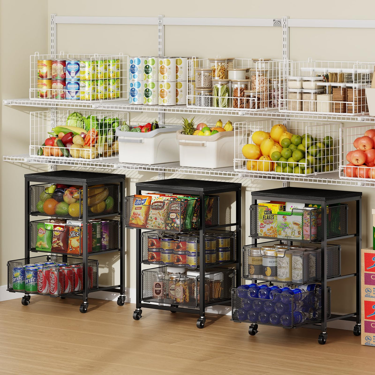 4-Tier Fruit Vegetable Storage Cart - Kitchen Organizer and Storage Cart with Wheels, Wooden Top Metal Wire Fruit Vegetable Rack Stand with Drawers to Storage Cans Snacks for Kitchen(Patent Pending)