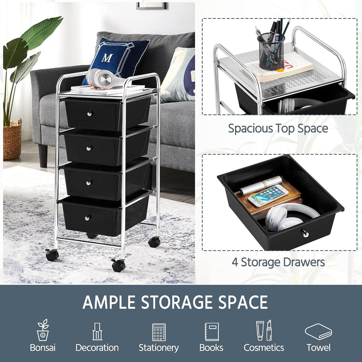Yaheetech 4-Drawer Rolling Storage Cart with Wheels, Slim Organizer, Black