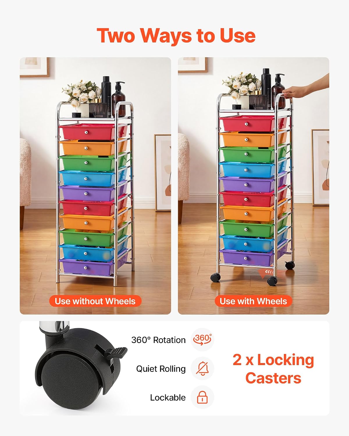 VEVOR Rolling Cart with Drawers, 10 Drawer Storage Organizer, Mobile Utility Cart with Steel Frame, Universal Casters & 2 Brakes, Great for Office, Classroom, Craft Tools, Garage, Studio, Rainbow