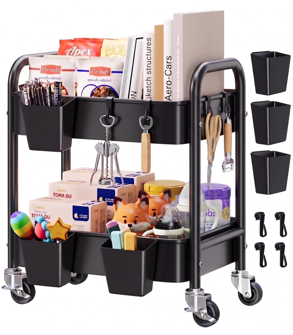 4 Tier Rolling Storage Cart Metal with Wheels, 37in Heavy Duty Roller Carts