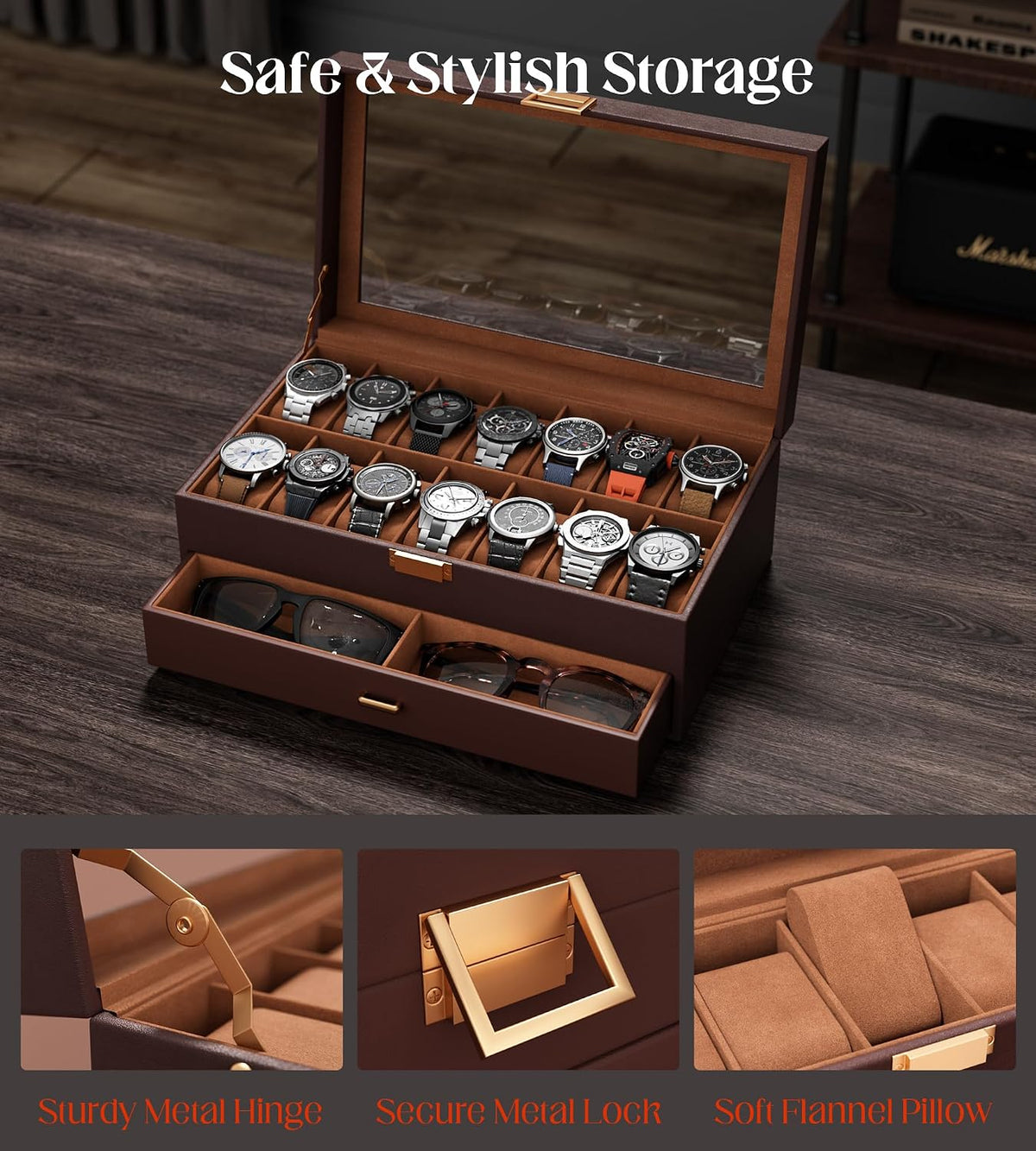 Watch Case Box for Men – 14 Slots Watch Display Organizer with 6-Compartment Eyeglasses Storage, Real Glass Lid 2-Layer PU Leather Collection Holder Gift for Loved Ones Brown