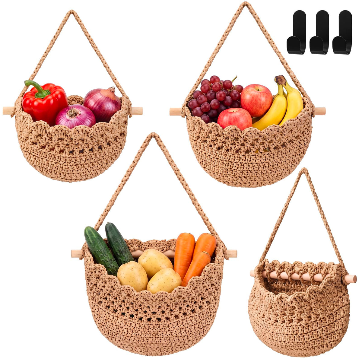 Honeydak 3 Hanging Baskets, Light Brown, Wide Bucket Basket