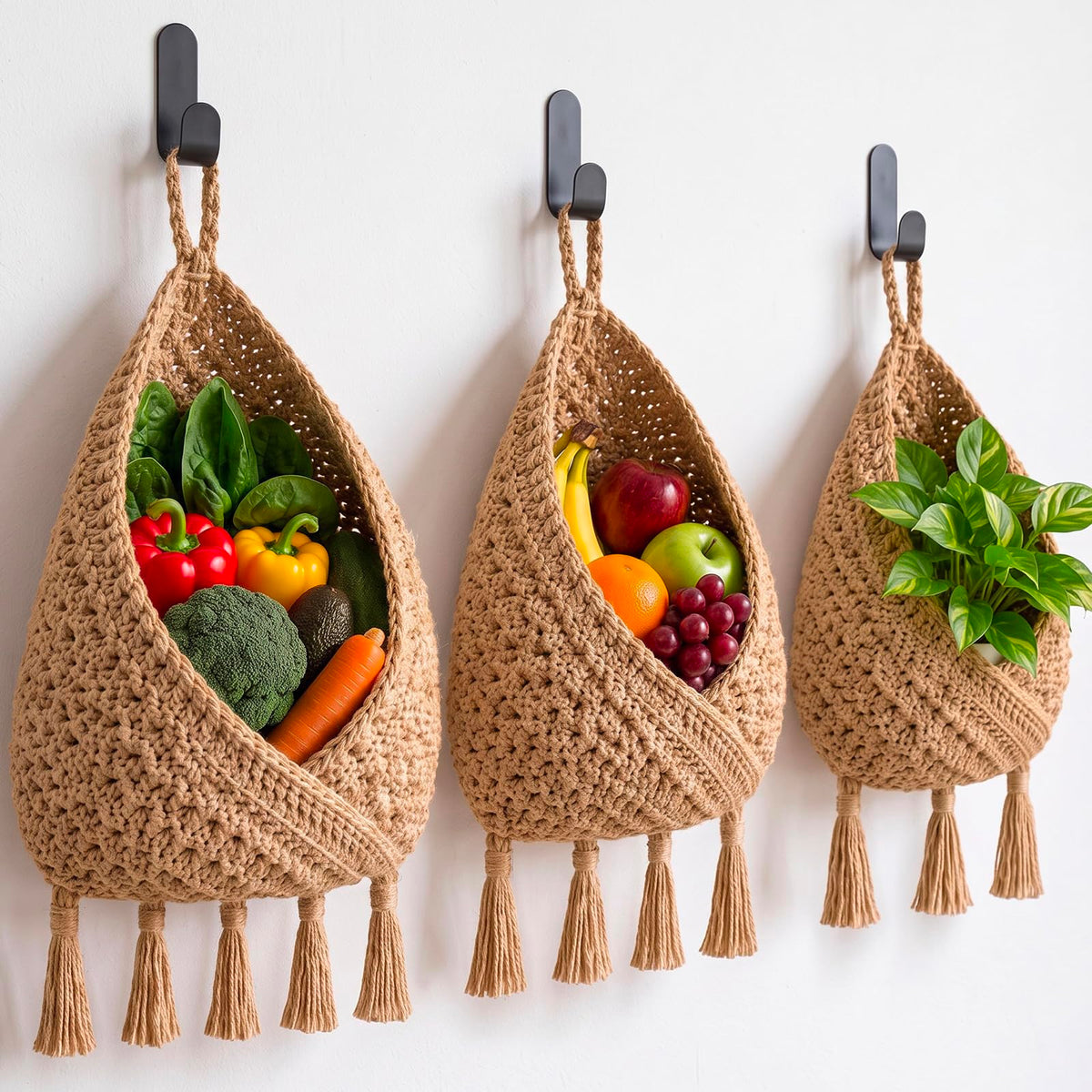 Honeydak 3 Hanging Baskets, Light Brown, Wide Bucket Basket