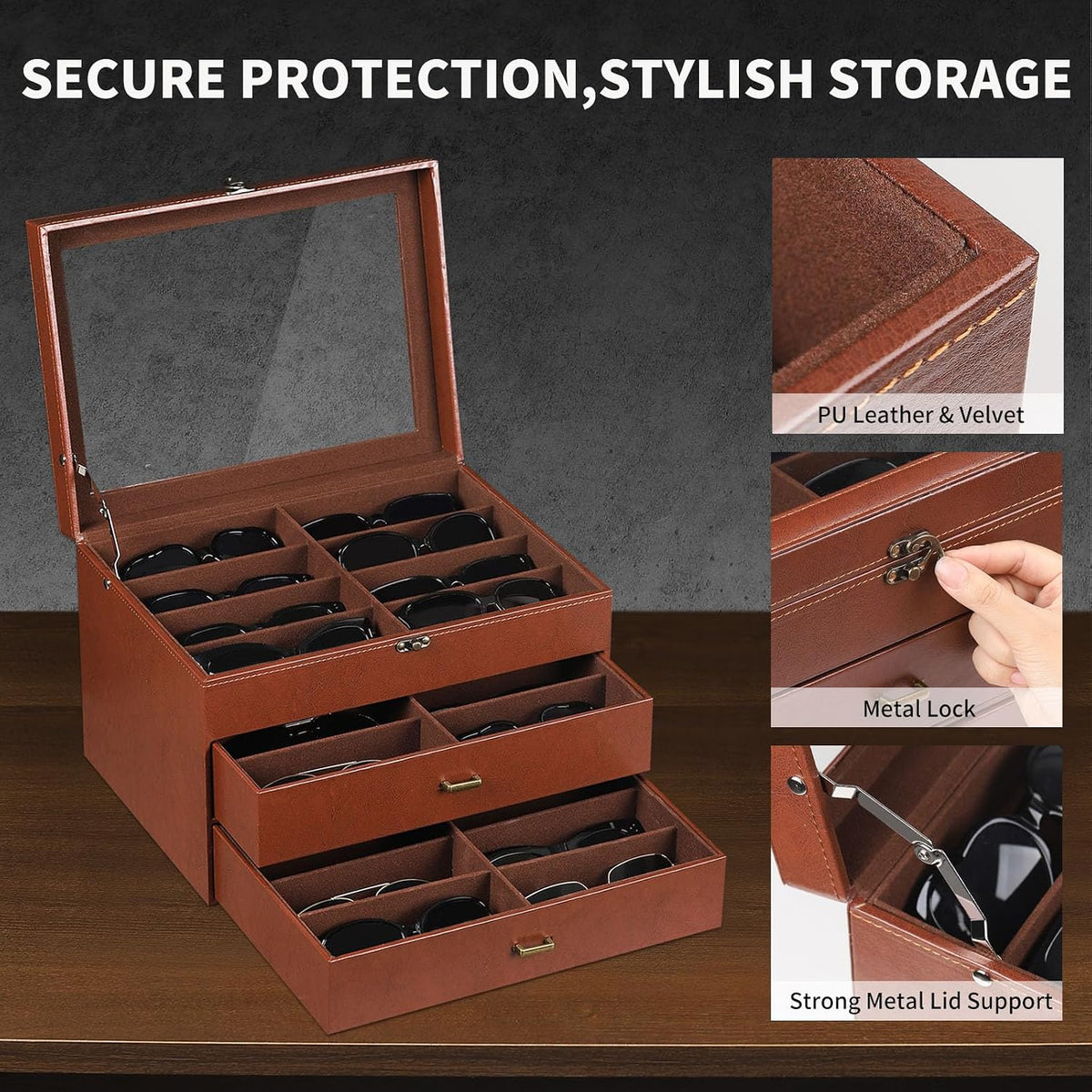 AUTOARK Leather 24 Piece Eyeglasses Storage Case Organizer,Coffee,MKAW045