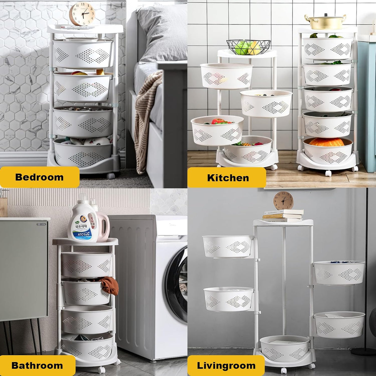 4-Tier Adjustable Kitchen Storage Rack,4 Layer Rotating Vegetable Organizer with Lockable Casters,Multi-Layers Rotatable Baskets for Kitchen Bathroom Living Room,White