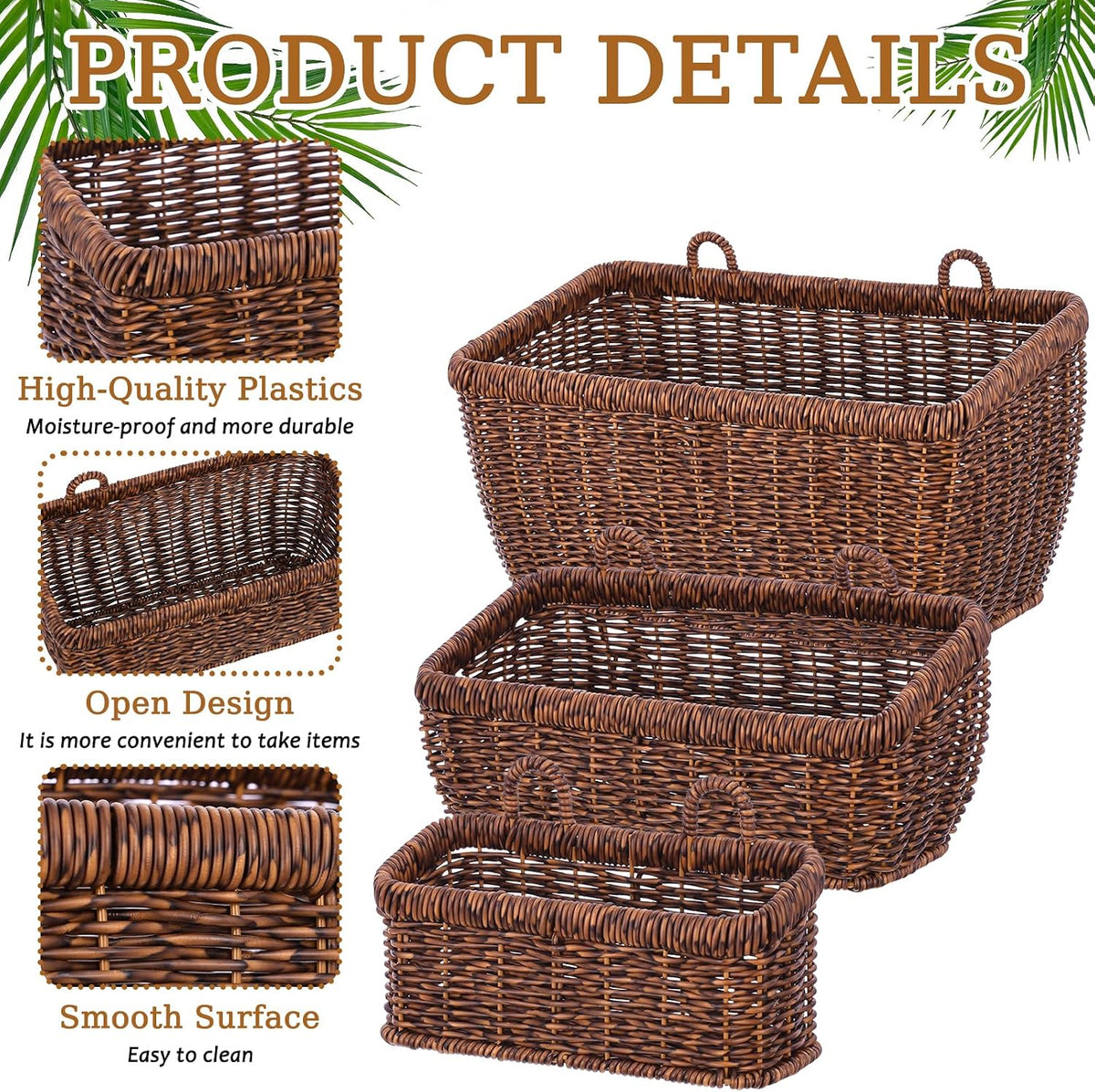 3 Pcs Handmade Wall Basket With Hooks, Boho Style Decor Hanging Baskets, Plastic Adhesive Wall Mount Cabinet Organizer for Living Room, Kitchen & Garden(Brown)