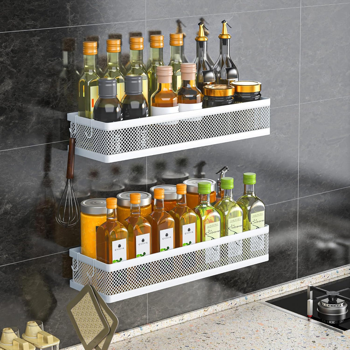 PUSDON 16.5-Inch Extra Long Slim Mesh Shower Caddy, Wall Mounted Bathroom Organizer with Adhesive, Heavy Duty Rustproof Shelf for Narrow Kitchen Pantry & RV, Holds 50 LBS 2-Pack - White Netting