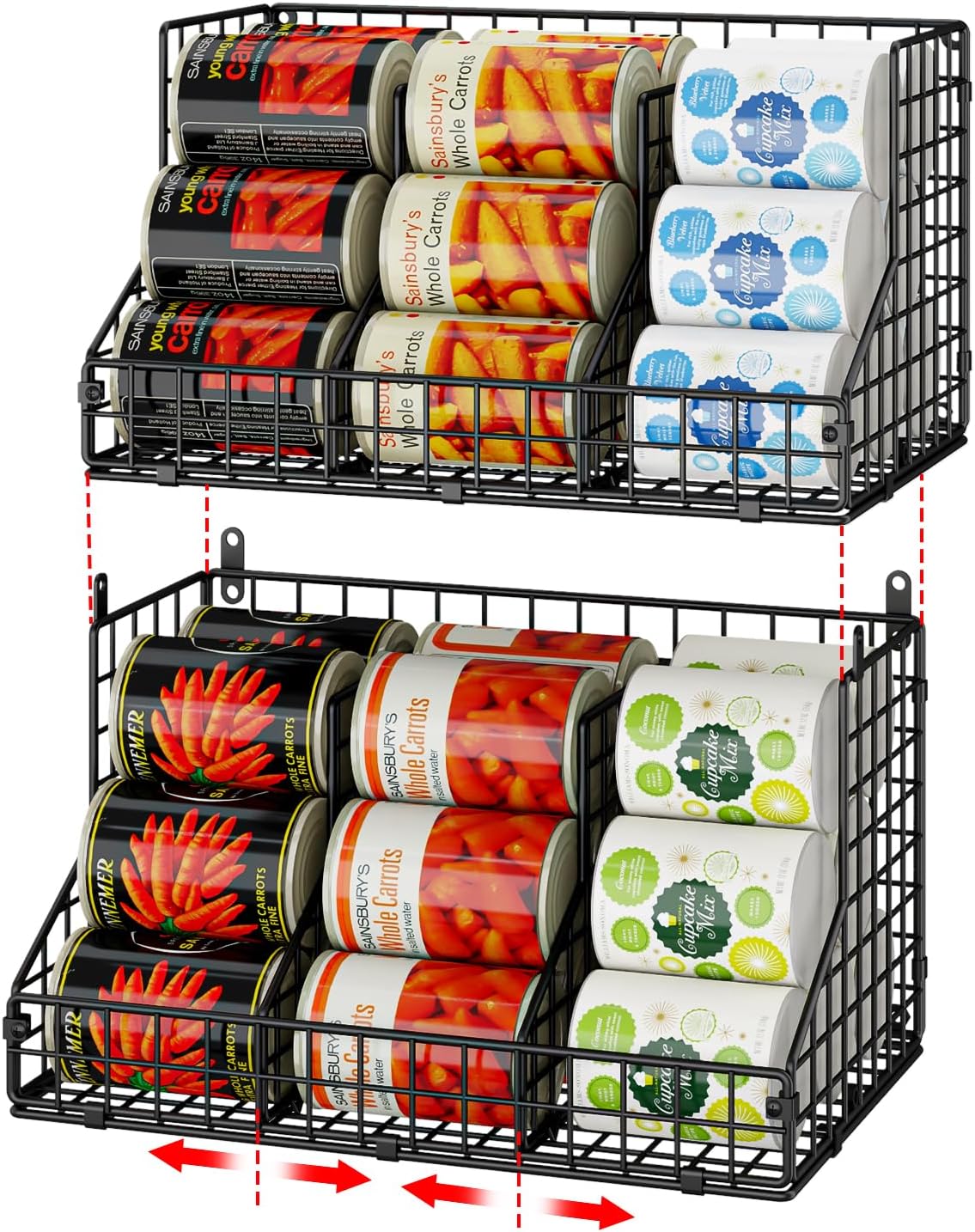 JKsmart 2 Pack Stackable Can Rack Organizer for Pantry Storage,Can Dispensers with 4 Adjustable Dividers, 2-Tier Metal Wire Basket Beverage Pop Soda Rack for Kitchen Cabinet Pantry, Black