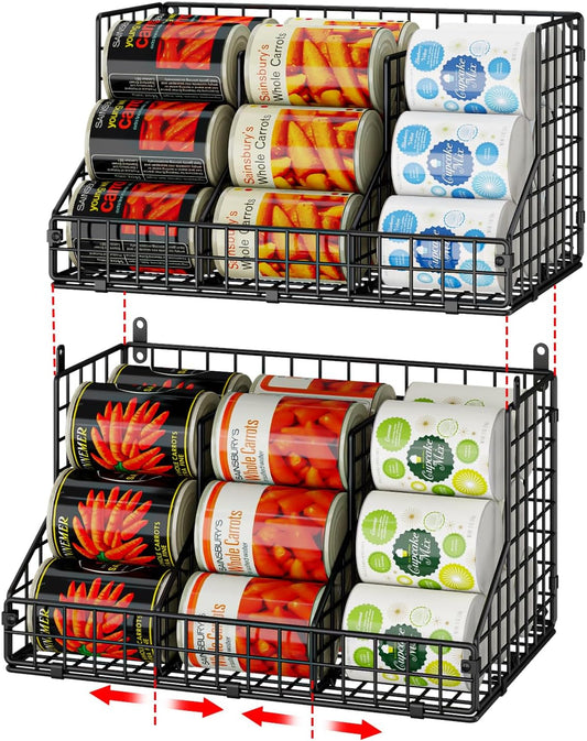 JKsmart 2 Pack Stackable Can Rack Organizer for Pantry Storage,Can Dispensers with 4 Adjustable Dividers, 2-Tier Metal Wire Basket Beverage Pop Soda Rack for Kitchen Cabinet Pantry, Black