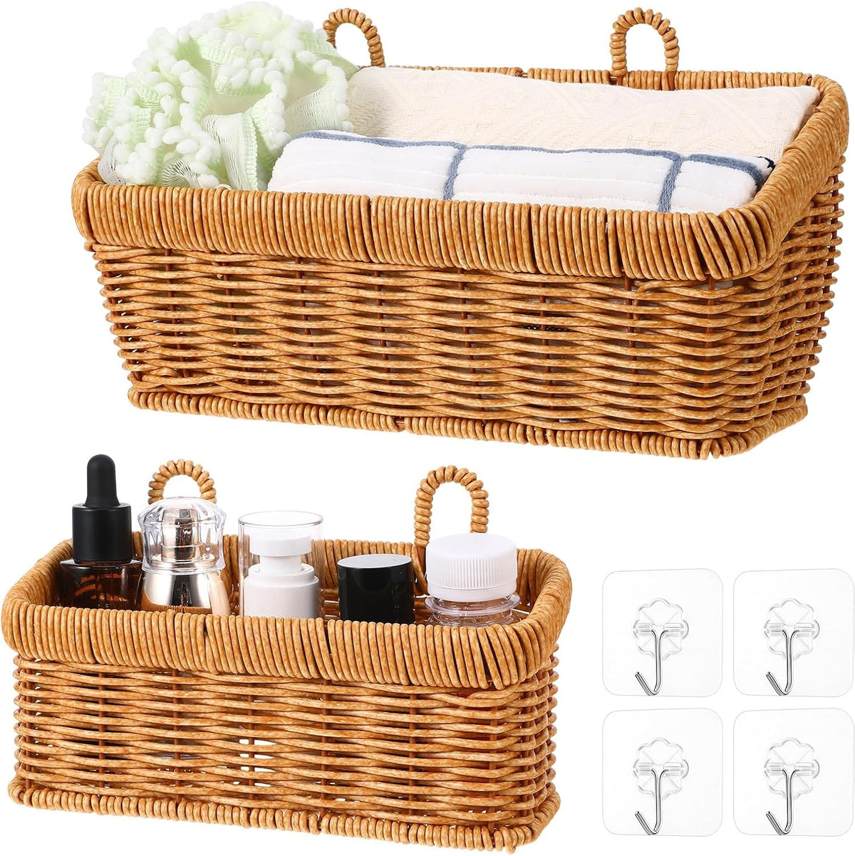 2 Pcs Wall Hanging Basket Wall Mount Pantry Fruit Basket Boho Style Decor Storage Baskets Adhesive Bathroom Cabinet Organizer for Bathroom Kitchen Garden Living Room with 4 Hooks