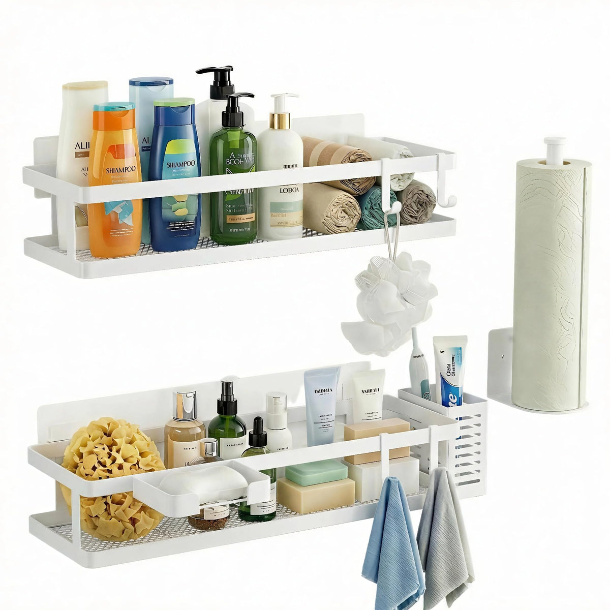 PUSDON 16.5-Inch Extra Long Slim Mesh Shower Caddy, Wall Mounted Bathroom Organizer with Adhesive, Heavy Duty Rustproof Shelf for Narrow Kitchen Pantry & RV, Holds 50 LBS 2-Pack - White Netting