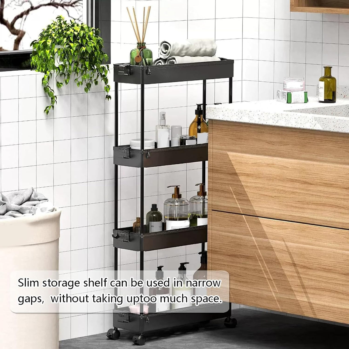 Storage Trolley Multi-Tier Rolling Unit Cart Mobile Storage Shelf for Kitchen Bathroom Rolling Organizers Rack,Black,4 Tier
