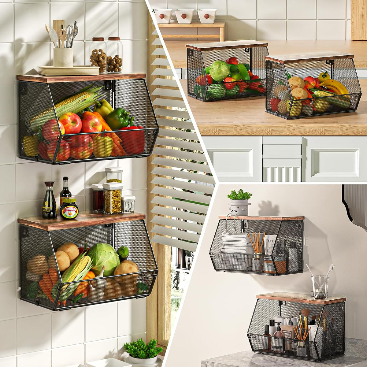 2 Tier Fruit Basket for Kitchen Counter, Stackable Onion and Potato Storage Basket, Wall Mounted Wire Basket with Wood Lid, Hanging Kitchen Storage Vegetable Organizer, 11.8 x 7.1 x 8.6 Inch