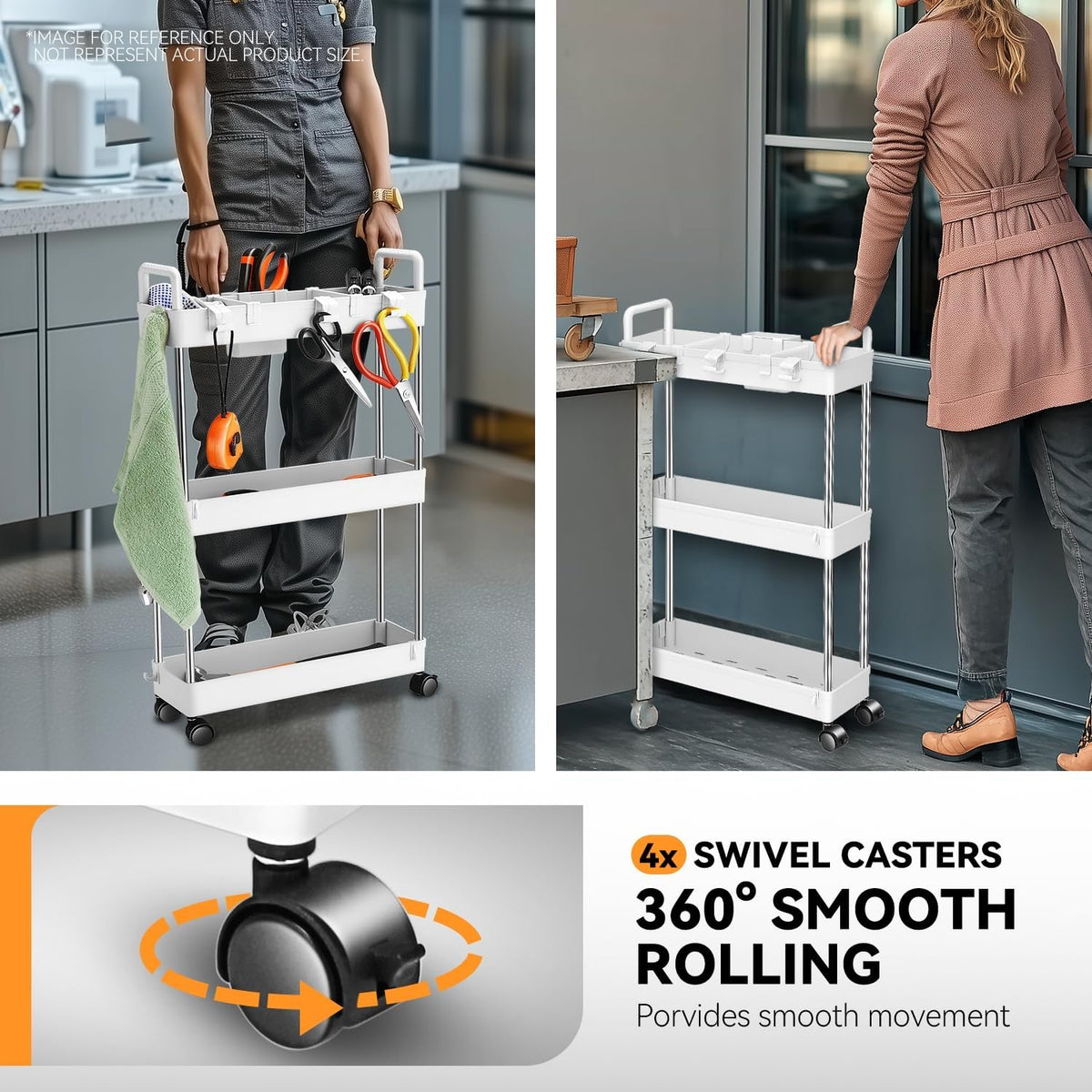 Auto Dynasty 3-Tier Rolling Utility Cart w/Handle, Narrow Storage, White