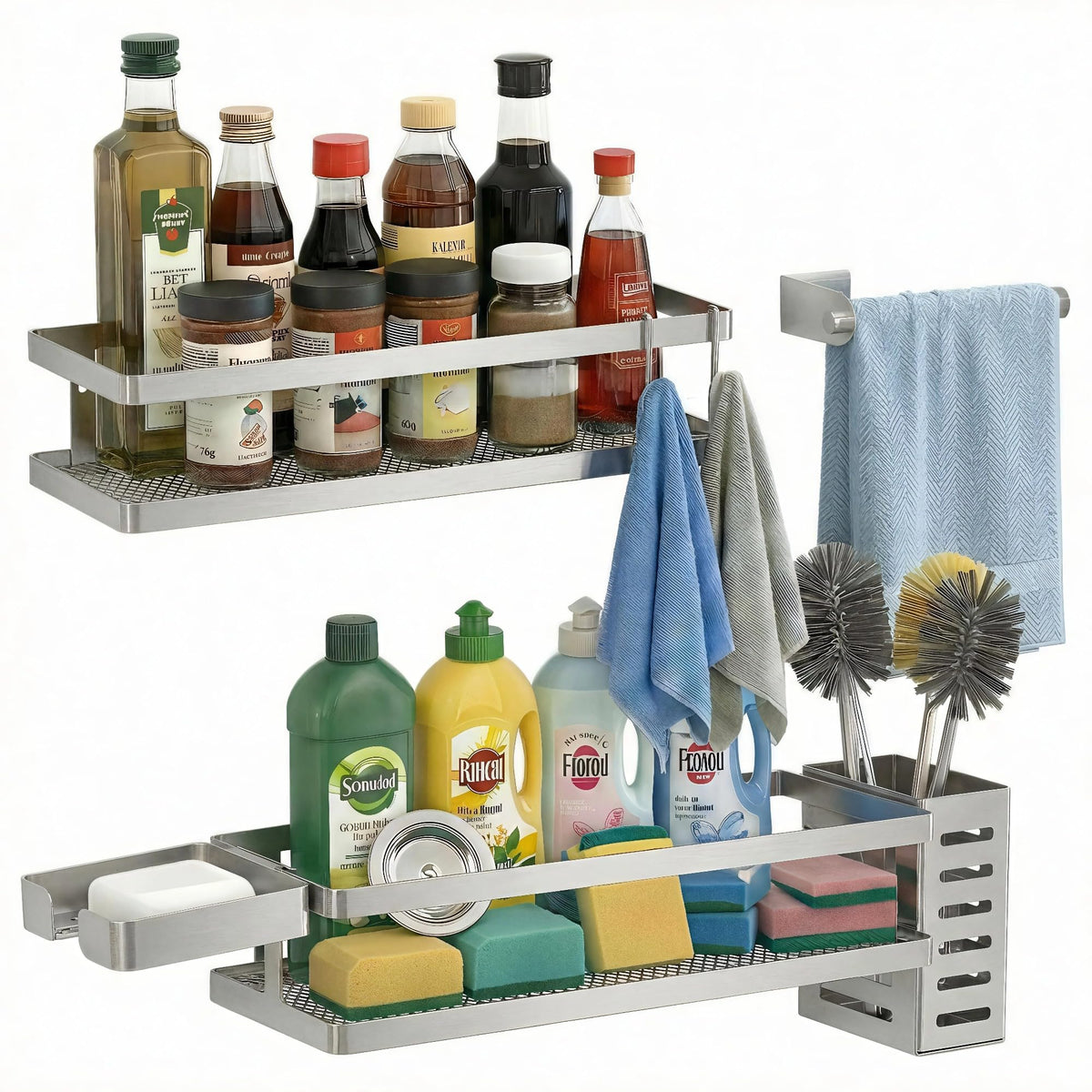 PUSDON 16.5-Inch Extra Long Slim Mesh Shower Caddy, Wall Mounted Bathroom Organizer with Adhesive, Heavy Duty Rustproof Shelf for Narrow Kitchen Pantry & RV, Holds 50 LBS 2-Pack - White Netting
