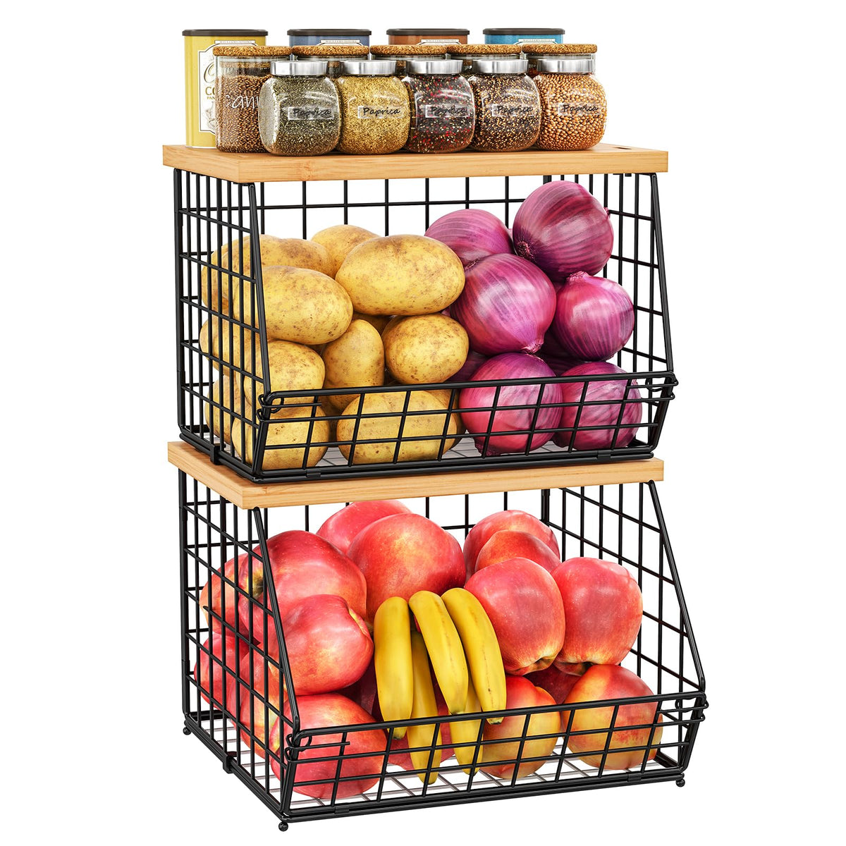 3 Pack wire Fruit Basket for Kitchen with Wood Lid - Counter&Wall Mounted Onion and Potato Storage with Nameplate, Hanging Baskets for Vegetable,11.81 * 10.63 * 8.66 Inch