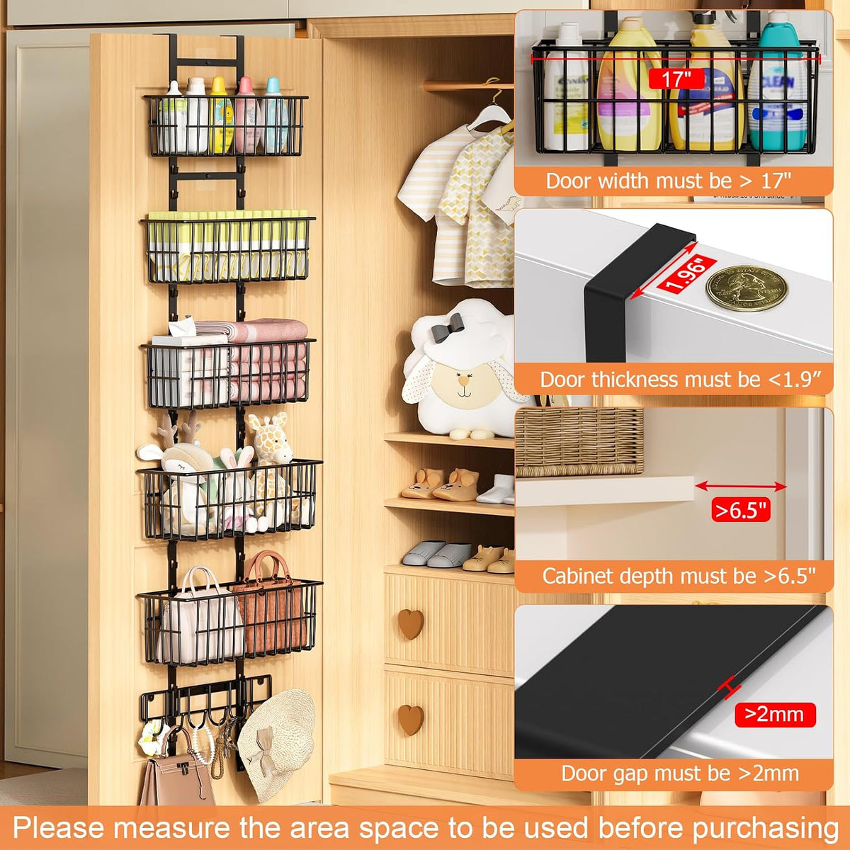 Hongtamoya Adjustable Over the Door Organizer, Metal Hanging Door Organizer with 5 Wire Basket 7 Hooks, Wall Mounted Shelf for Pantry Laundry Organization and Storage, Black