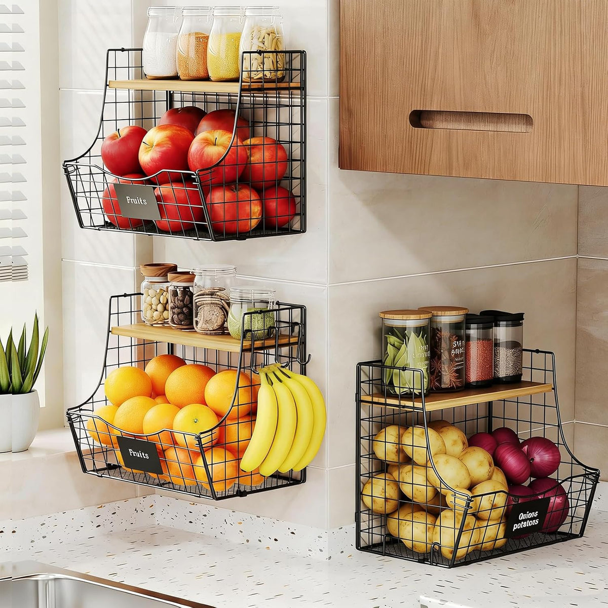 3 Pack wire Fruit Basket for Kitchen with Wood Lid - Counter&Wall Mounted Onion and Potato Storage with Nameplate, Hanging Baskets for Vegetable,11.81 * 10.63 * 8.66 Inch