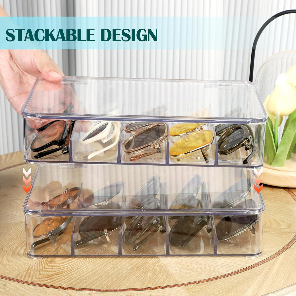 FORUP Sunglasses Organizer, Plastic Stackable Eyeglass Case Storage Organizer, Sunglass Glasses Storage Box with Hinged Lid