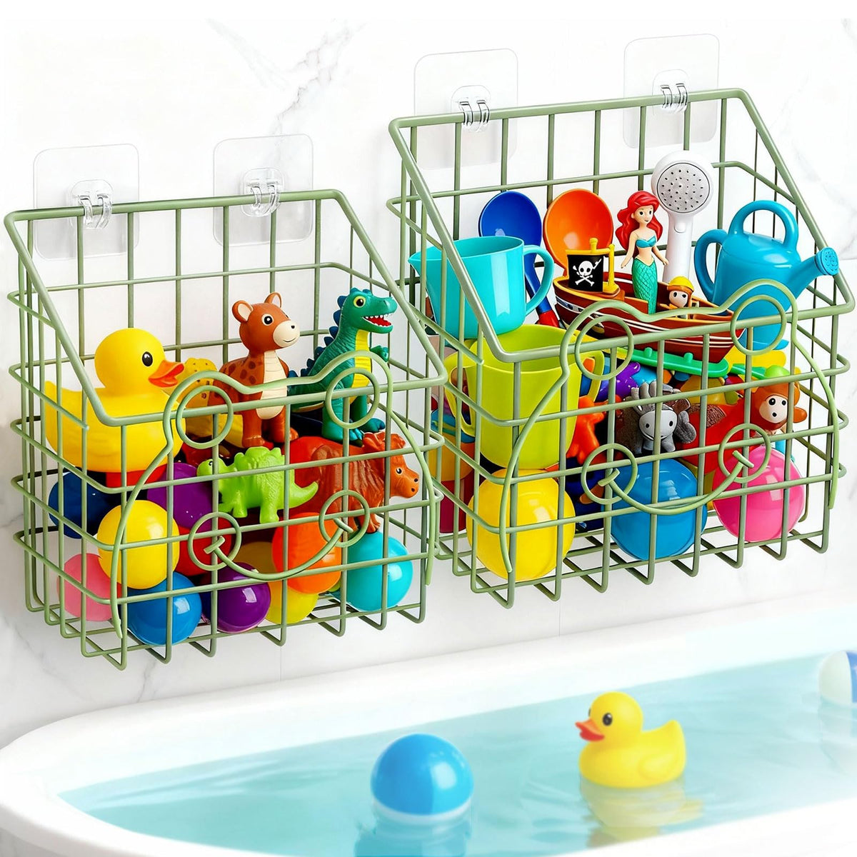 Greentainer 2 Pack Bath Toy Storage Organizer, Large Rustproof Metal Wire Basket, Wall Mounted Hanging Bathtub Holder, Bathroom Shower Caddy for Tub Toys & Toiletries