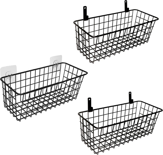 Joben Oligey 3 Set Hanging Wire Baskets ,Wall Mount Fruit Basket,No Drilling,Adhesive Small Metal Basket,Farmhouse Food Storage Mesh Bin Kitchen Pantry Laundry Bathroom Closet Garage RV ,Black