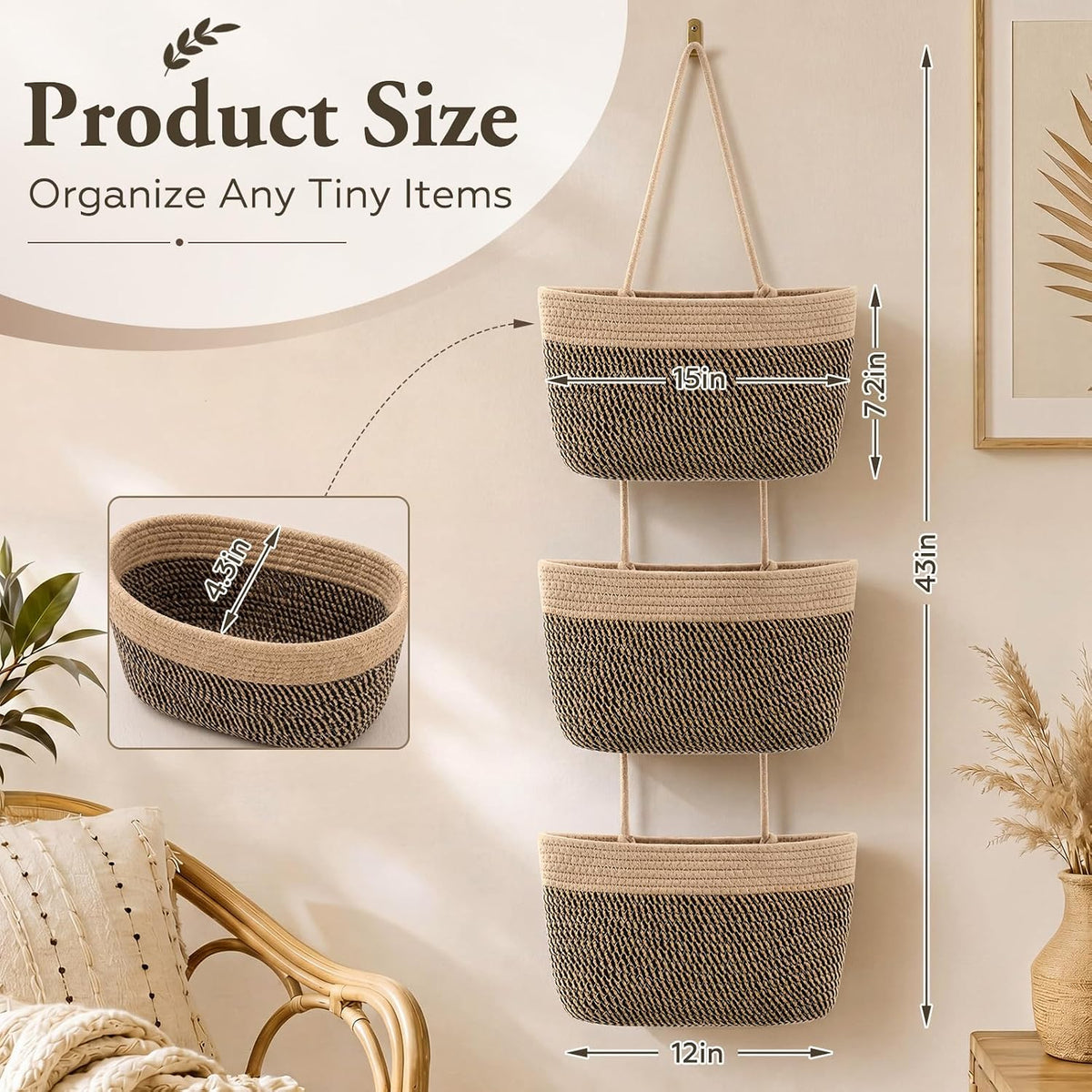 Novabright 3-Tier Hanging Basket Wall Mounted Woven Organizer, Boho Storage