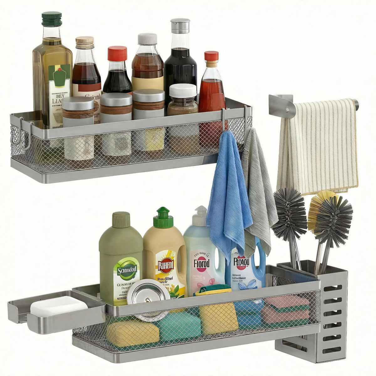 PUSDON 16.5-Inch Extra Long Slim Mesh Shower Caddy, Wall Mounted Bathroom Organizer with Adhesive, Heavy Duty Rustproof Shelf for Narrow Kitchen Pantry & RV, Holds 50 LBS 2-Pack - White Netting