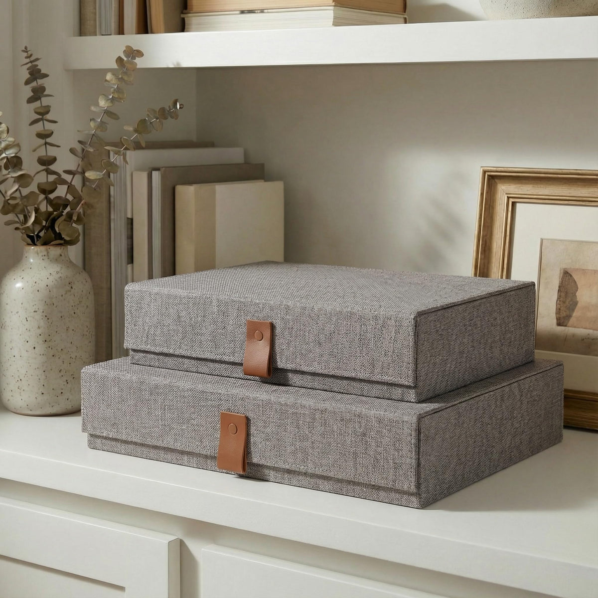 ZICOTO Decorative Photo Storage Boxes with Lids - Set of 2 Linen Organizers