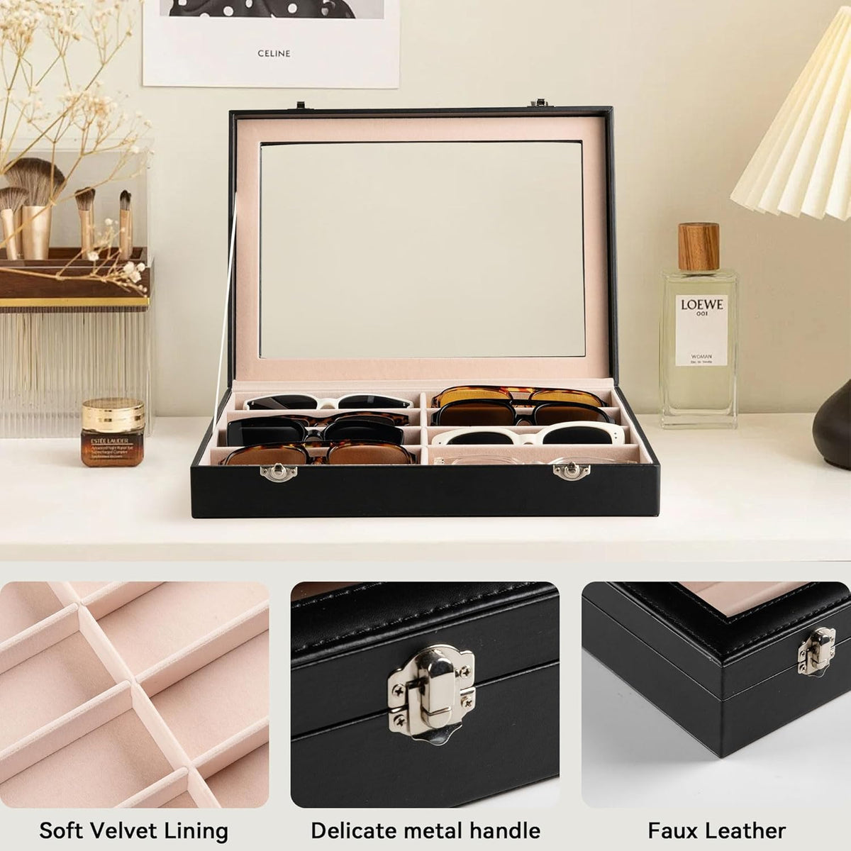 Frebeauty 8-Slot Sunglass Organizer,Sunglass Holder with Clear Lid