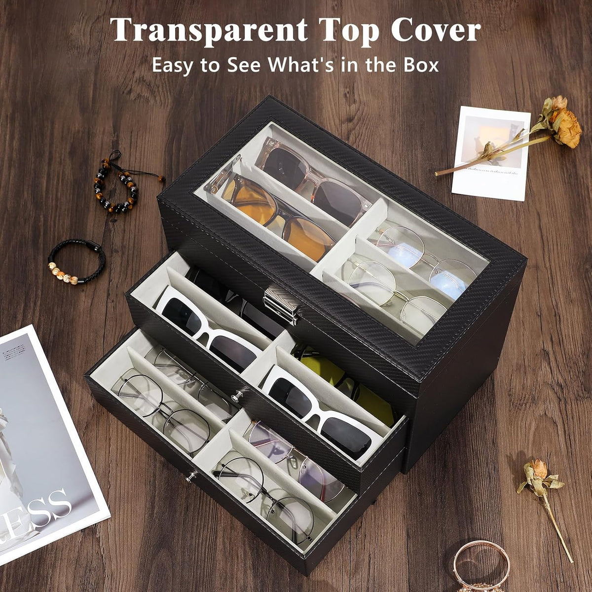 MoKo Sunglasses Organizer, Leather Sunglass Display Collection Holder Case with Drawer Clear Glass Lid