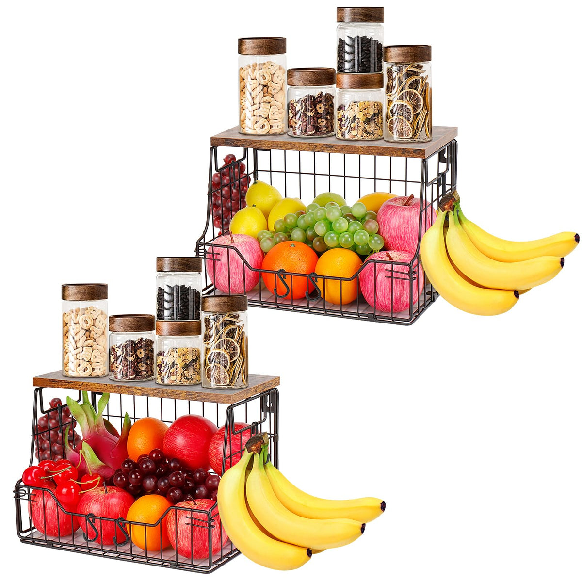 Livabber Fruit Basket for Kitchen, Metal Fruit Vegetable Storage Bin with 2 Banana Hangers, Countertop Wire Basket Organizer for Snack Potato Onion, Screw Mounted or Stand (Black, 1 Pack)