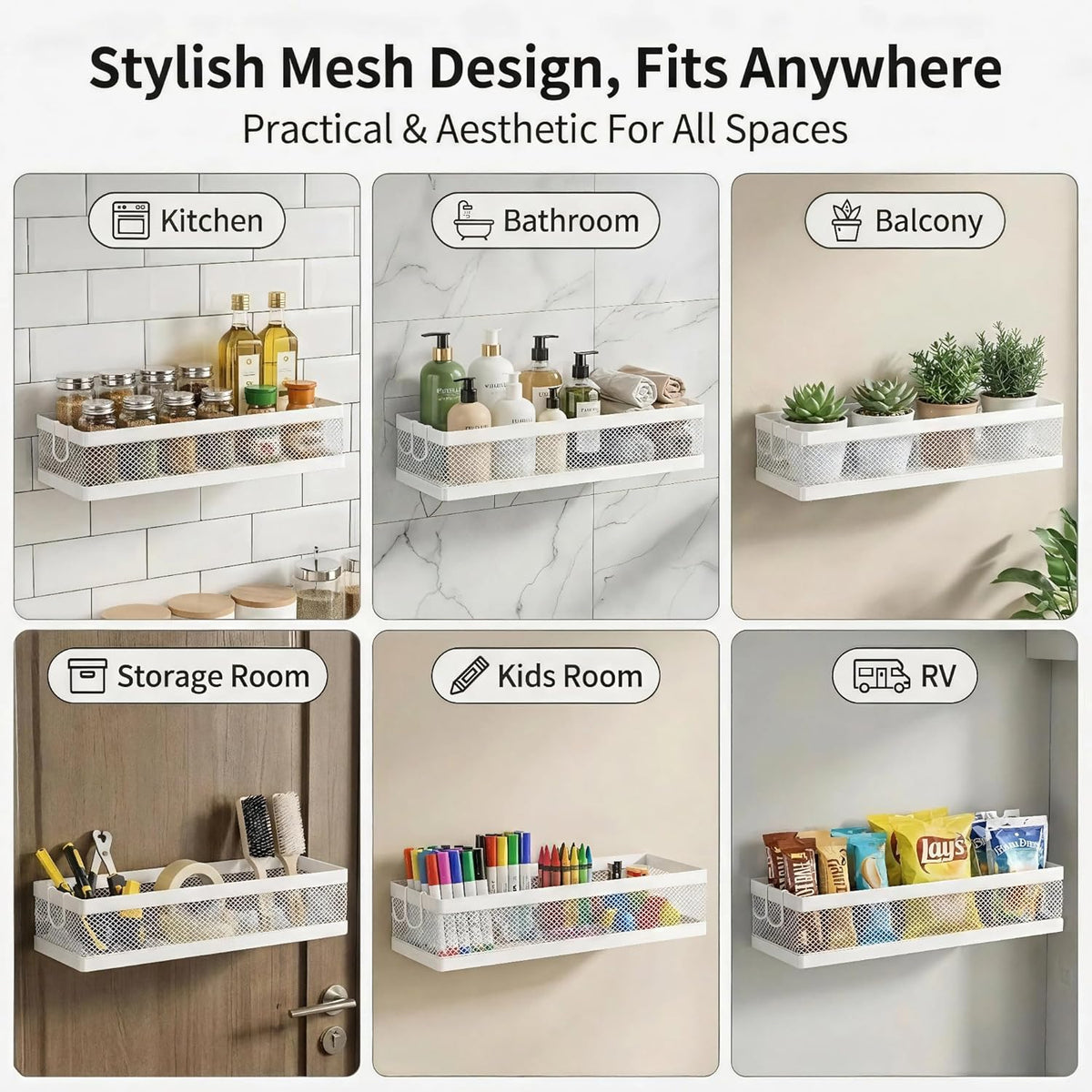 PUSDON 16.5-Inch Extra Long Slim Mesh Shower Caddy, Wall Mounted Bathroom Organizer with Adhesive, Heavy Duty Rustproof Shelf for Narrow Kitchen Pantry & RV, Holds 50 LBS 2-Pack - White Netting