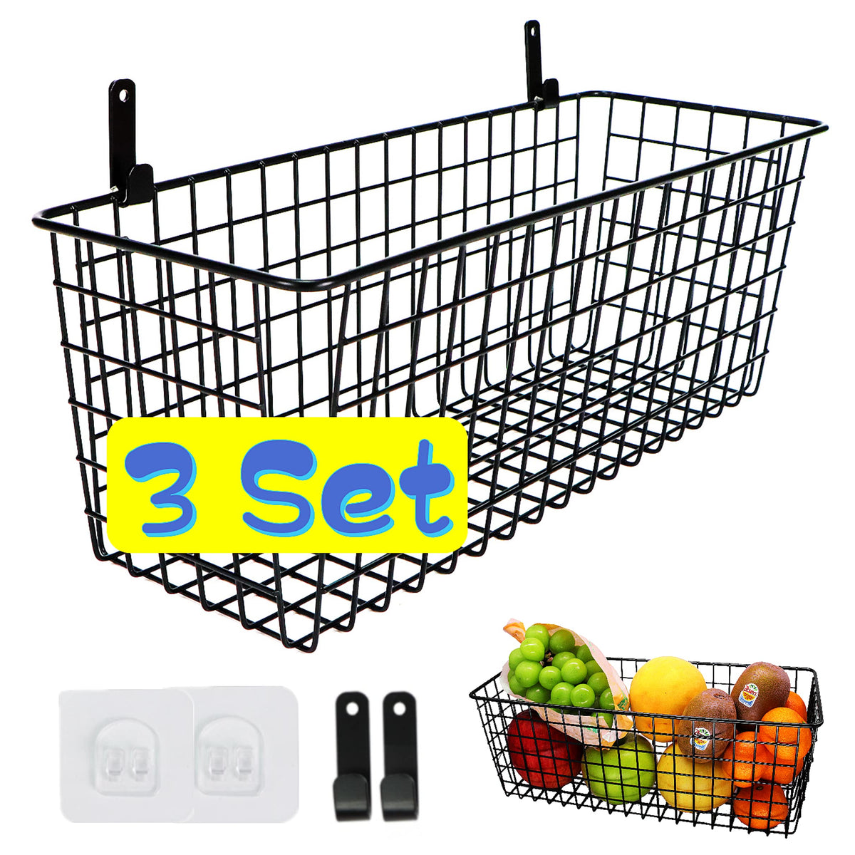 Joben Oligey 3 Set [Extra Large] Hanging Wall Baskets ,Wire Basket For Storage Pantry, Farmhouse Food Storage Kitchen Pantry Laundry Closet Garage RV ,Black