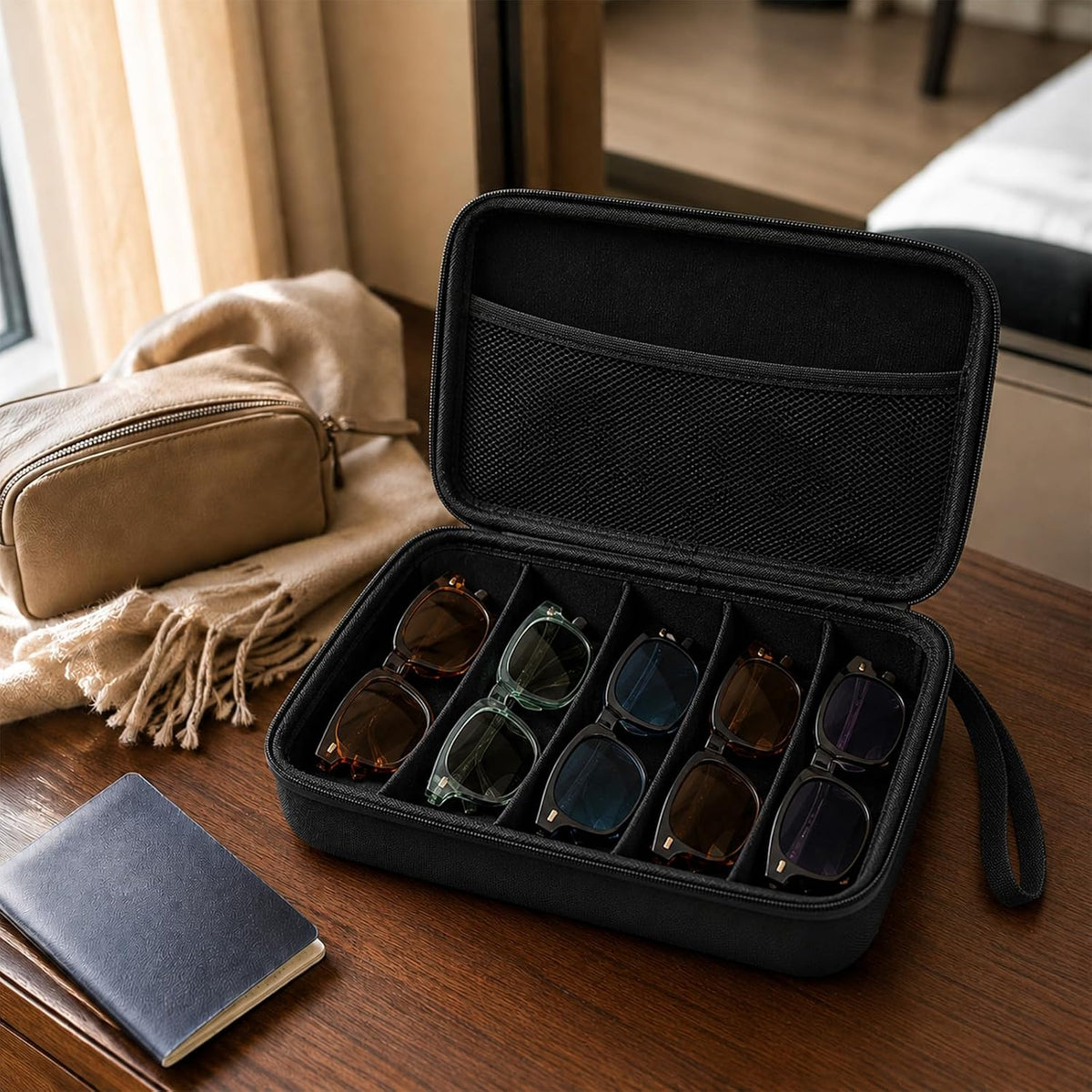 PINE & LINEN Travel Sunglasses Organizer Case with Adjustable Slots