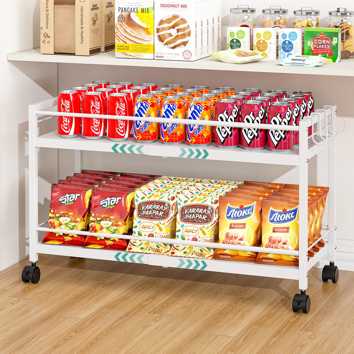 3-Tier Expandable Rolling Pantry Organizers and Storage Cart with Wheels, Adjustable Pantry Floor Organizer, Snack Cart for Pantry, Kitchen Storage Cart with 4 Hooks for Snack, Food, Vegetables, Black