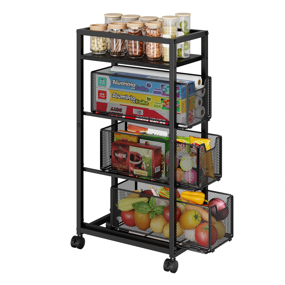 4-Tier Fruit Vegetable Storage Cart - Kitchen Organizer and Storage Cart with Wheels, Wooden Top Metal Wire Fruit Vegetable Rack Stand with Drawers to Storage Cans Snacks for Kitchen(Patent Pending)